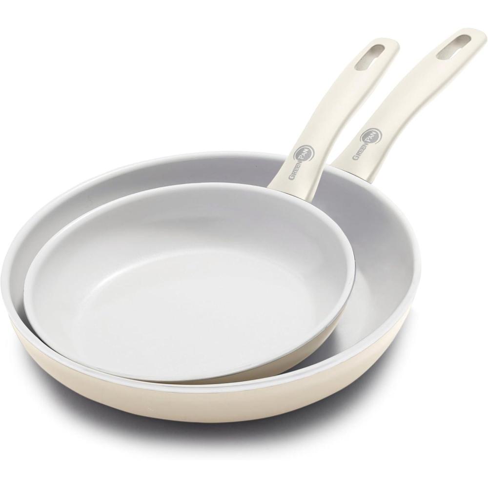 GreenPan Dover 8 10 2 Piece Frying Pan Skillet Set, Non-Toxic PFAS-Free Ceramic Nonstick Coating, Sear Saute Fry Egg Omlete, Dishwasher & Oven Safe, Stay Cool Handle, Easy Pour Rims, Cream White(Cream White)