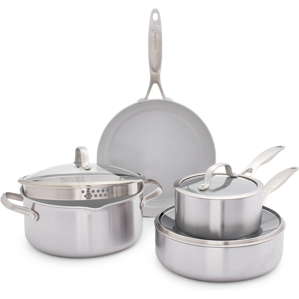 GreenPan Venice Pro Tri-Ply Stainless Steel Healthy Ceramic Nonstick 13 Piece Cookware Pots and Pans Set, PFAS-Free, Multi Clad, Induction, Dishwasher Safe, Oven Safe, Silver(Silver)