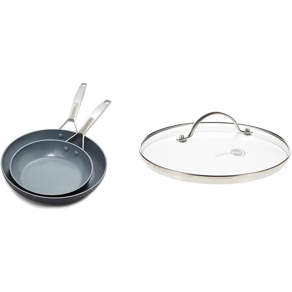 GreenPan Paris Pro Hard Anodized Healthy Ceramic Nonstick, 8″ and 10″ Frying pan Skillet Set, PFAS-Free, Dishwasher Safe, Grey & Glass Lid with Stainless Steel Handle, 8″