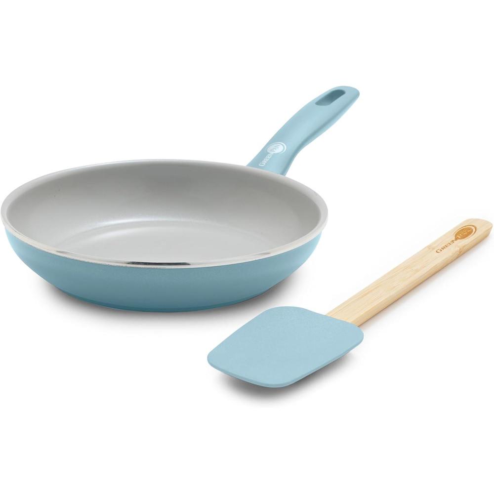 GreenPan Dover 8 Frying Pan Skillet with Spatula, Non-Toxic PFAS-Free Ceramic Nonstick Coating, Sear Saute Fry Egg Omlete, Dishwasher & Oven Safe, Stay-Cool Handle, Easy Pour Rims, Gray(Blue Haze)