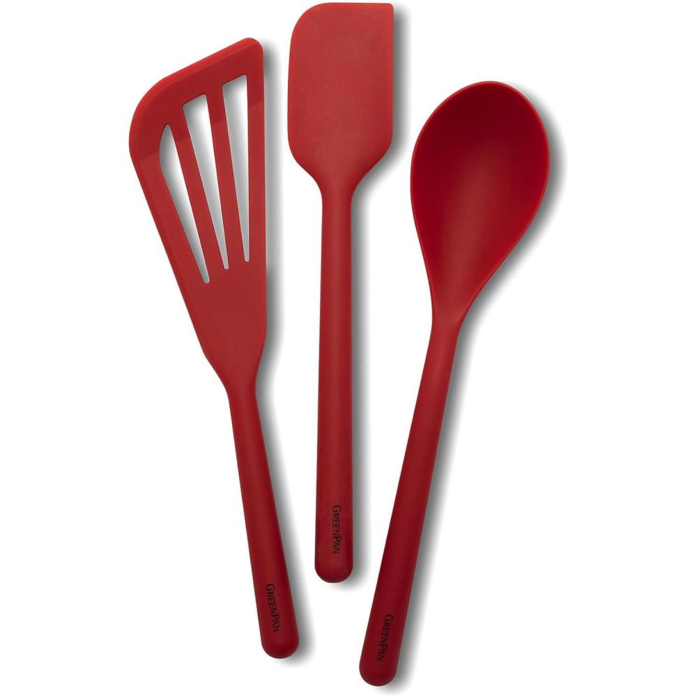 GreenPan Silicone 7 Piece Cooking Utensil Set, Ladle, Turners, Spatula, Spoons, Whisk, Flexible Nonstick Kitchen Tools Rigid Steel Core, Heat-Resistant, Anti-Slip Handle BPA-Free Dishwasher Safe, Gray(Red)