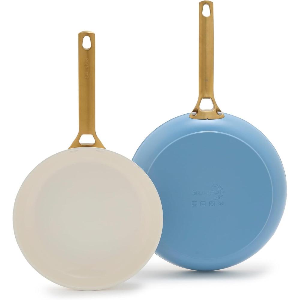 GreenPan Hard Anodized Healthy Ceramic Nonstick 10″ and 12″ Frying Pan Skillet Set, Gold Handle, PFAS-Free, Dishwasher Safe, Oven Safe, Black(Sky Blue)