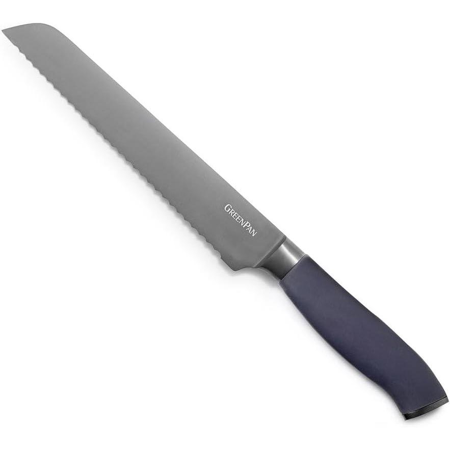 GreenPan Titanium 8″ Bread Knife, Titanium Coated, Stainless Steel, Eco-friendly, Ergonomic Grip, Slip Resistant, Balanced, Heat Treated, Hand Sharpened, Dishwasher Safe(Gray)