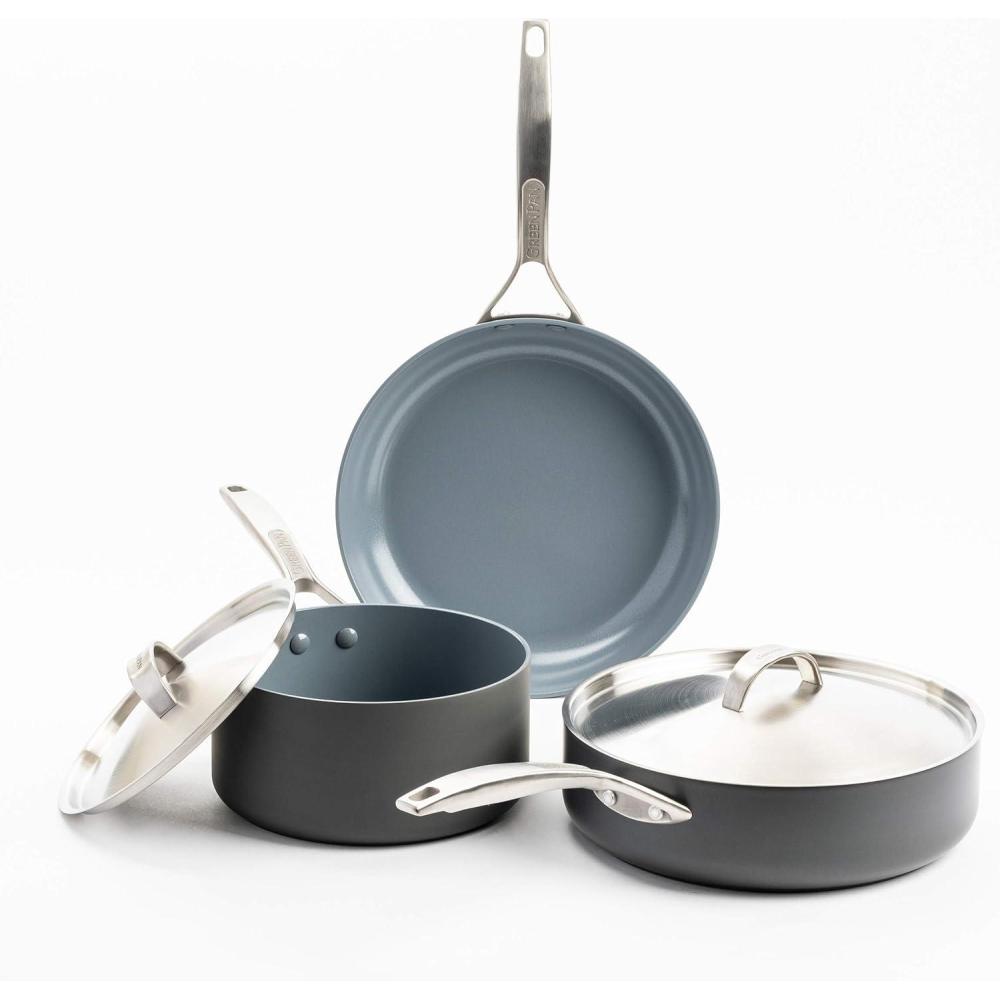GreenPan Paris Pro Hard Anodized Healthy Ceramic Nonstick, 11 Piece Cookware Pots and Pans Set with Stainless Steel Lids, PFAS-Free, Dishwasher Safe, Grey(5 Piece Cookware Pots and Pans Set)