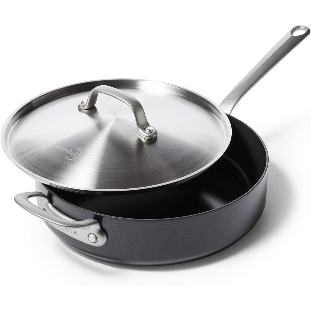 GreenPan Craft Noire 4.5QT Saute Pan with Lid and Helper Handles, Non-Toxic PFAS-Free Hard Anodized Healthy Ceramic Nonstick, Induction Suitable, Dishwasher Safe, Black