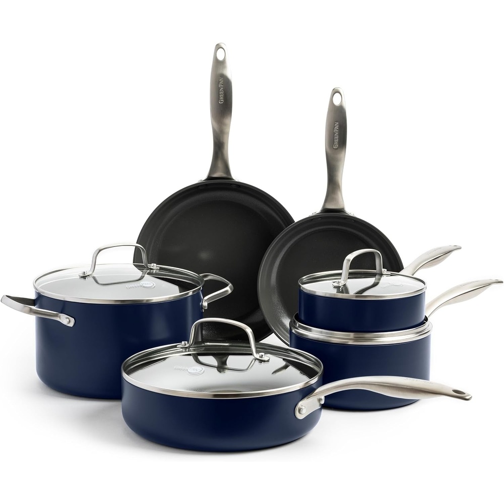 GreenPan Canterbury Hard Anodized Healthy Ceramic Nonstick, 10 Piece Cookware Pots and Pans Set, PFAS-Free, Dishwasher Safe, Oven Safe, Black(Oxford Blue)