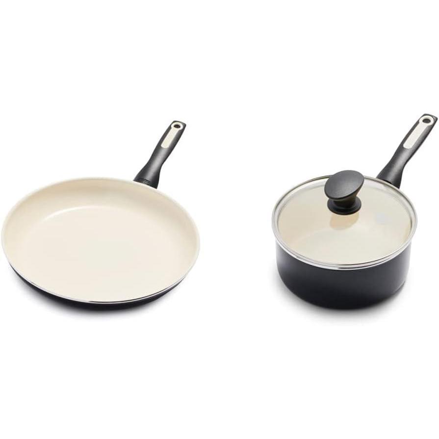 GreenPan Rio Healthy Ceramic Nonstick 12″ Frying Pan Skillet, PFAS-Free, Dishwasher Safe, Black & Rio Healthy Ceramic Nonstick 2QT Saucepan Pot with Lid, PFAS-Free, Dishwasher Safe, Black