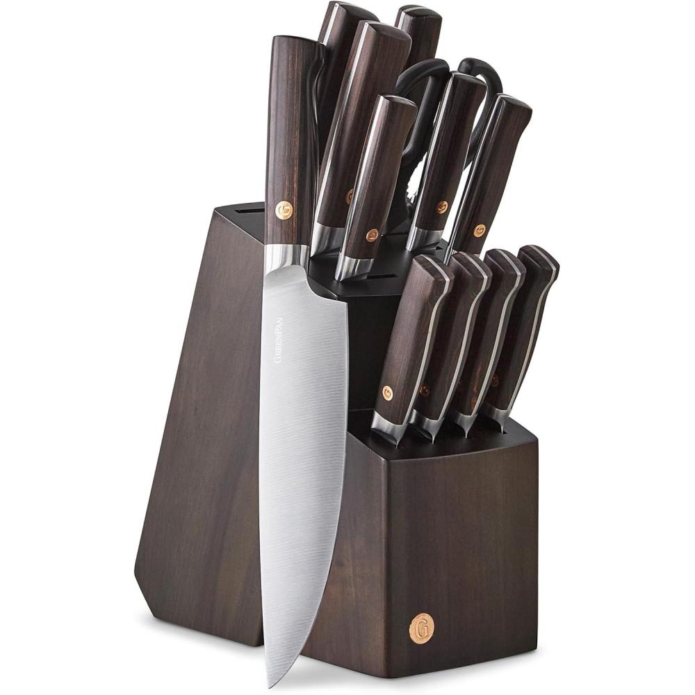 GreenPan 16-Piece Knife Block Set, Professional Stainless Steel Blades with Titanium Coating, Ultra-Sharp Kitchen Cutlery, Chef, Santoku, Bread & Steak Knives, Ergonomic Grip, Slip Resistant, Gray(Medium Brown Wood)