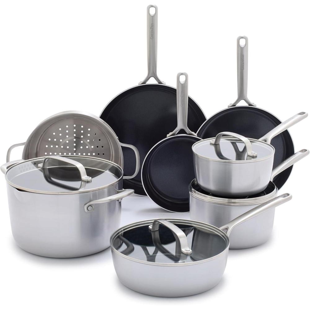 GreenPan GP5 Vista 5-Ply Stainless Steel 12 Piece Cookware Pots & Pans Set, Healthy Ceramic Nonstick PFAS-Free, Induction, Frying Pans, Sauté, Saucepans, Stock Pot, Glass Lids, Dishwasher & Oven Safe