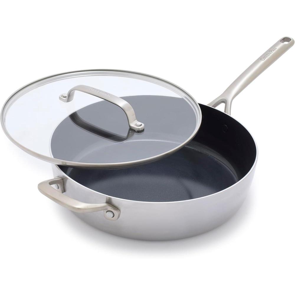 GreenPan GP5 Vista 5-Ply Stainless Steel 5QT Saute Pan with Lid and Helper Handle, Healthy Ceramic Nonstick PFAS-Free Cookware, Induction Suitable, Dishwasher and Oven Safe