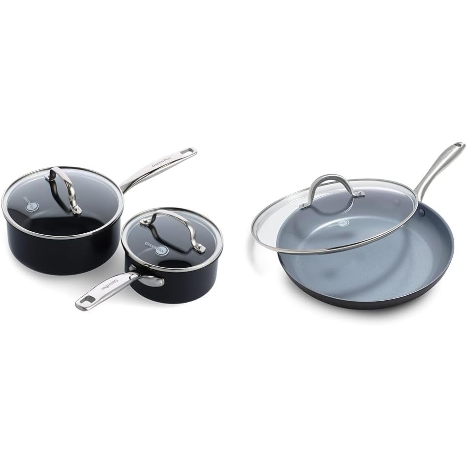 GreenPan Chatham Black Prime Midnight Hard Anodized Healthy Ceramic Nonstick & Lima Hard Anodized Healthy Ceramic Nonstick 12″ Frying Pan Skillet with Lid, PFAS-Free, Oven Safe, Gray(1QT and 2QT Saucepan Pot Set)