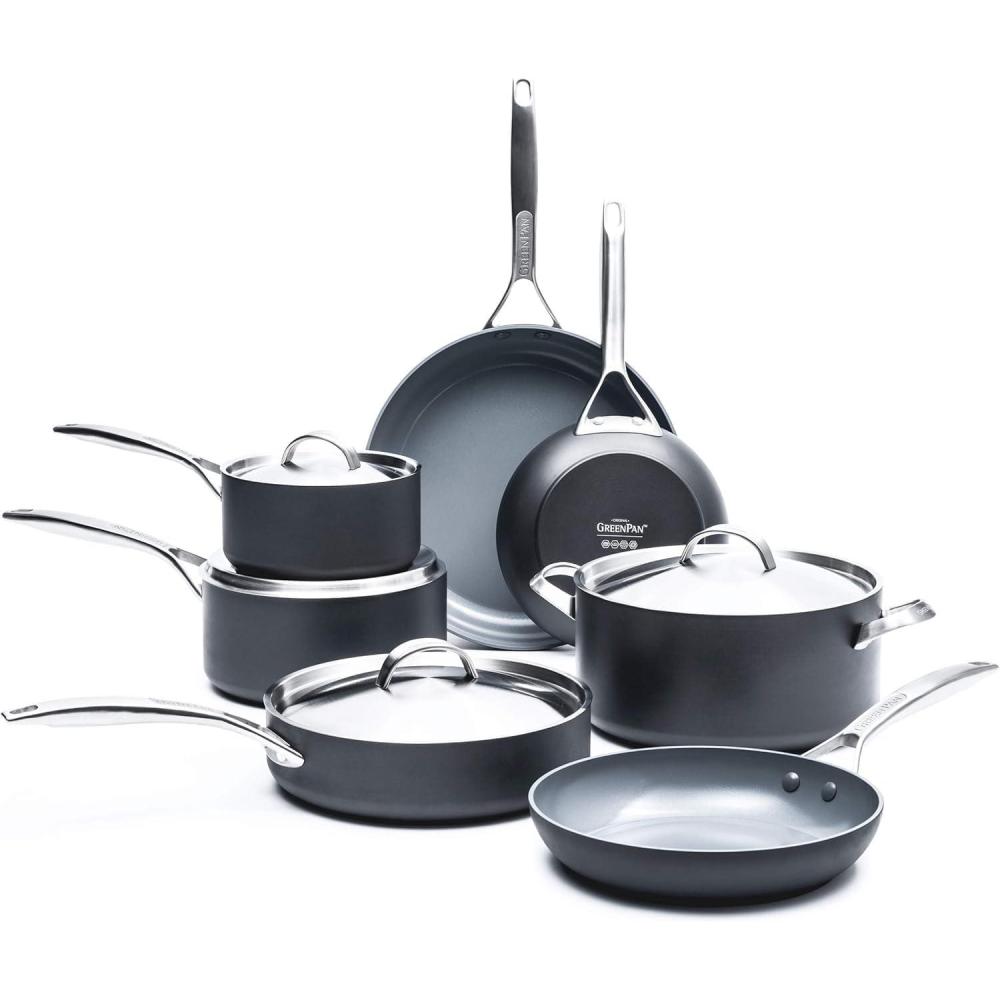 GreenPan Paris Pro Hard Anodized Healthy Ceramic Nonstick, 11 Piece Cookware Pots and Pans Set with Stainless Steel Lids, PFAS-Free, Dishwasher Safe, Grey(11 Piece Cookware Pots and Pans Set)