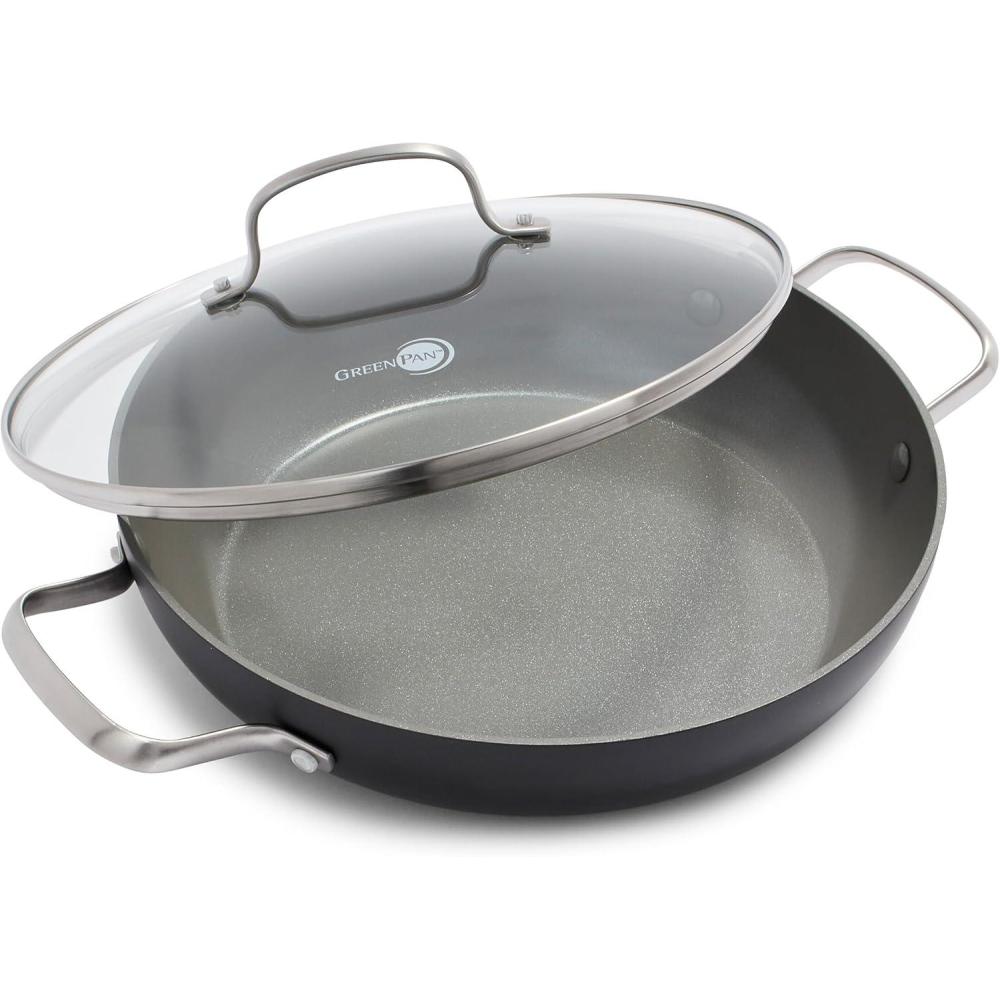 GreenPan Chatham Hard Anodized Healthy Ceramic Nonstick, 11″ Everyday Frying Pan Skillet with 2 Handles and Lid, PFAS-Free, Dishwasher Safe, Oven Safe, Gray