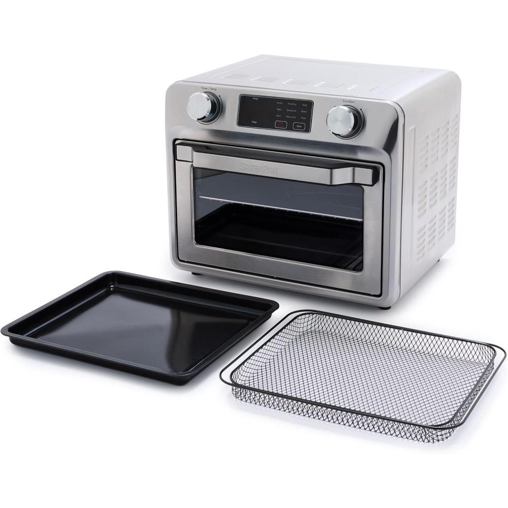 GreenPan Bistro Stainless Steel 9-in-1 Air Fry Oven, Nonstick Baking Pan, Stainless Steel Rack, and Basket, Fast Heating, Multifunction Presets, Cool-Touch Handle, PFAS-Free, Easy Cleanup Crumb Tray(Stainless Steel)