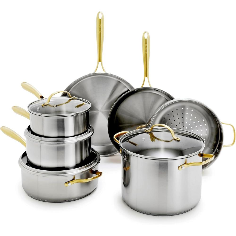 GreenPan Stainless Steel Cookware Set, 11 Piece, Induction Cookware, Dishwasher Safe, Oven Safe to 600F, Large 8QT Stock Pot, Sauce, Saute, Frying Pans, Pots & Pans Kitchen Essentials, Gold(Stainless Steel)