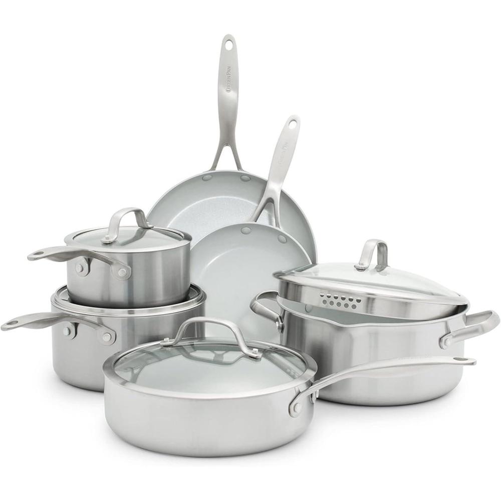 GreenPan Venice Pro 10 Piece Cookware Set, Stainless Steel Non-Toxic PFAS-Free with Ceramic Nonstick Coating, Induction Suitable, Glass Lids, Multi Clad, Dishwasher & Oven Safe, Silver