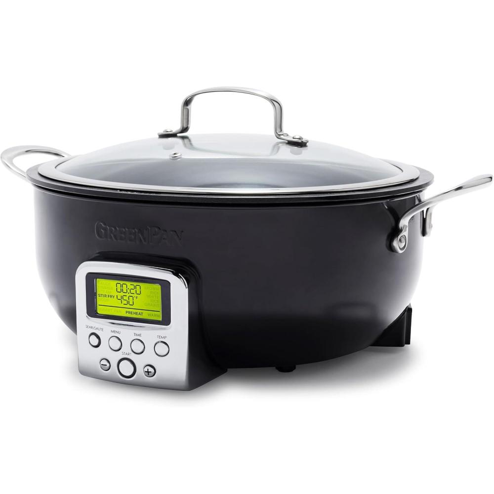 GreenPan Elite 6QT Electric Skillet, Sear Saute Stir-Fry Cook Rice, Healthy Ceramic Nonstick, Dishwasher Safe Parts, Easy-to-use LED Display, PFOA and PFA Free, Smart Pot, Stainless Steel(Black)