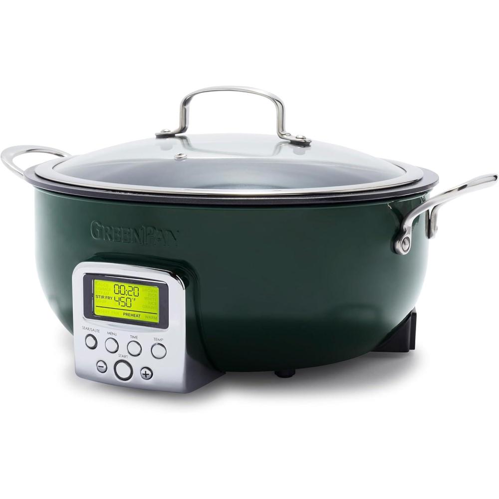 GreenPan Elite 6QT Electric Skillet, Sear Saute Stir-Fry Cook Rice, Healthy Ceramic Nonstick, Dishwasher Safe Parts, Easy-to-use LED Display, PFOA and PFA Free, Smart Pot, Stainless Steel(Ponderosa Pine)