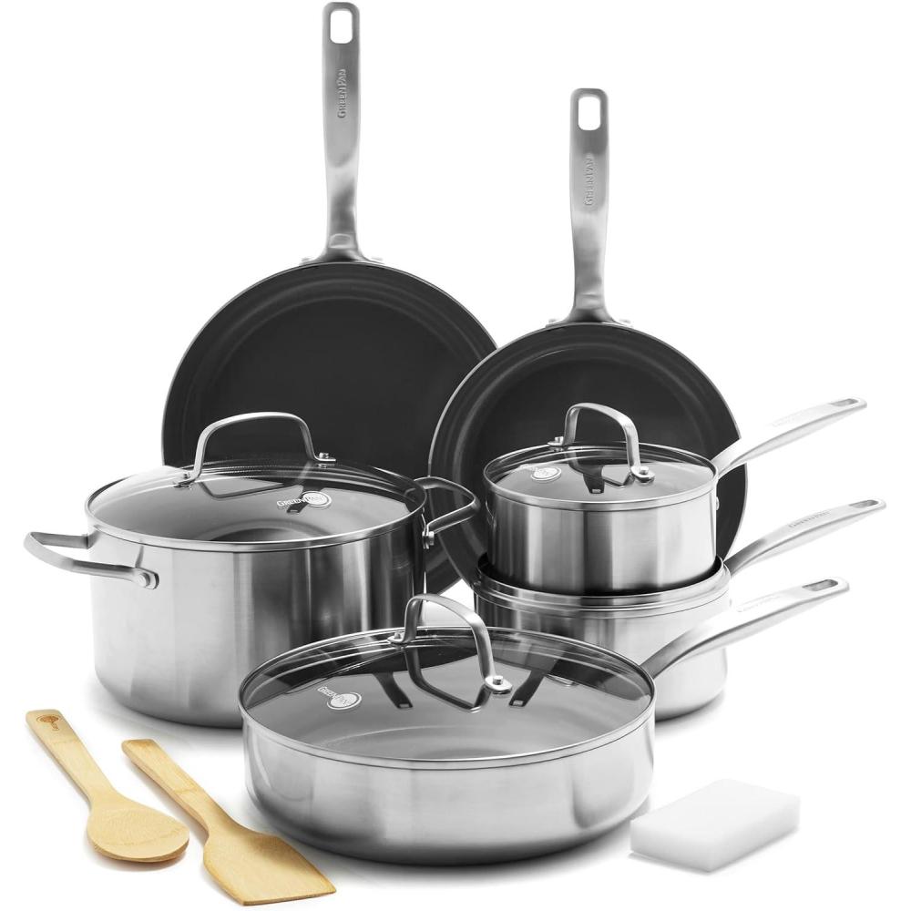 GreenPan Chatham Tri-Ply Stainless Steel 12 Piece Cookware Set, PFAS-Free Pots and Pans, Multiclad, Induction Ready, Fry Saute Sauce Pans, Stockpot, Dishwasher Safe, Oven & Broiler Safe, Silver