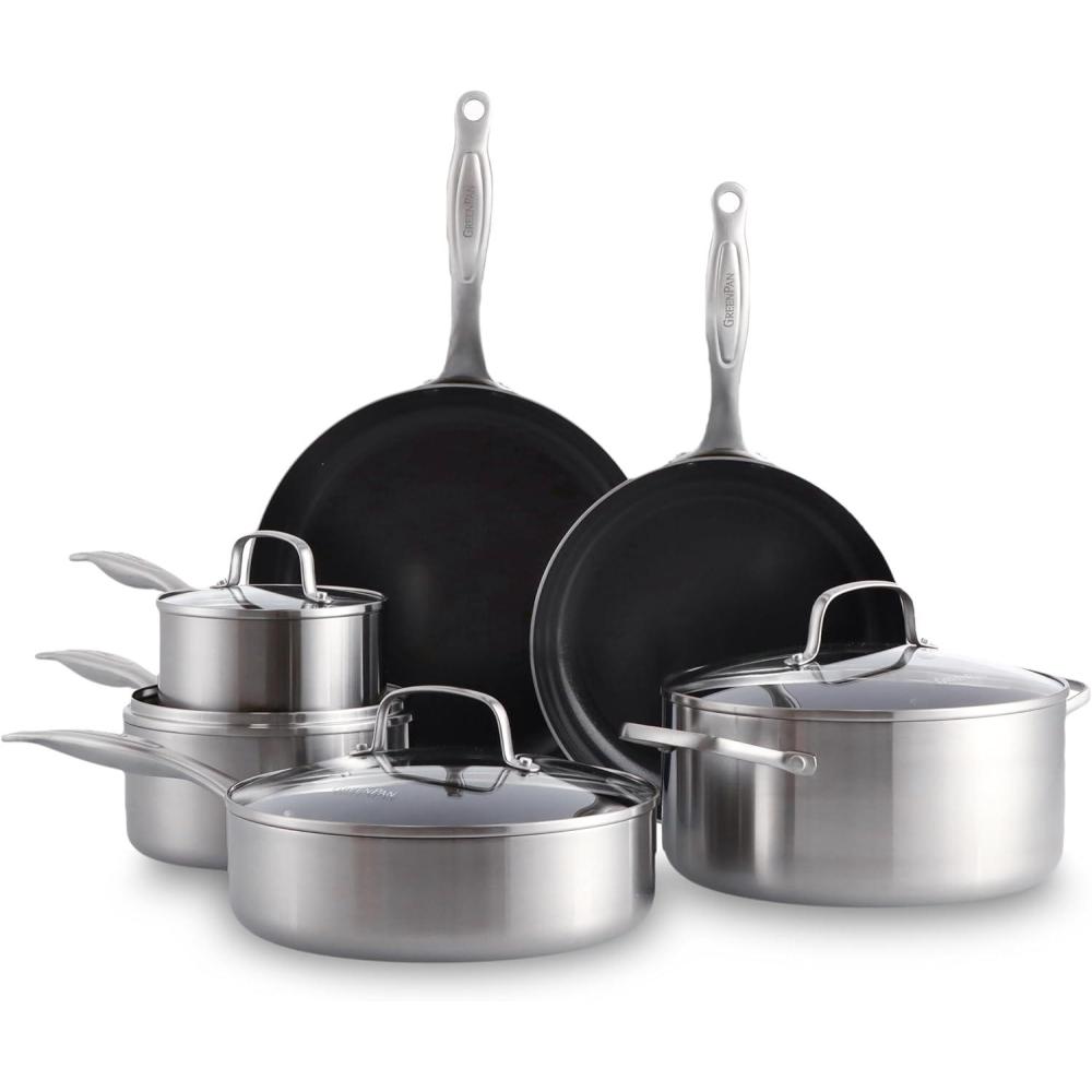 GreenPan TriClad Tri-Ply Stainless Steel Healthy Ceramic Nonstick 10 Piece Cookware Pots and Pans Set, Frypan Saucepan Saute Pan Casserole,Lids, Induction Suitable, PFAS-Free, Dishwasher and Oven Safe