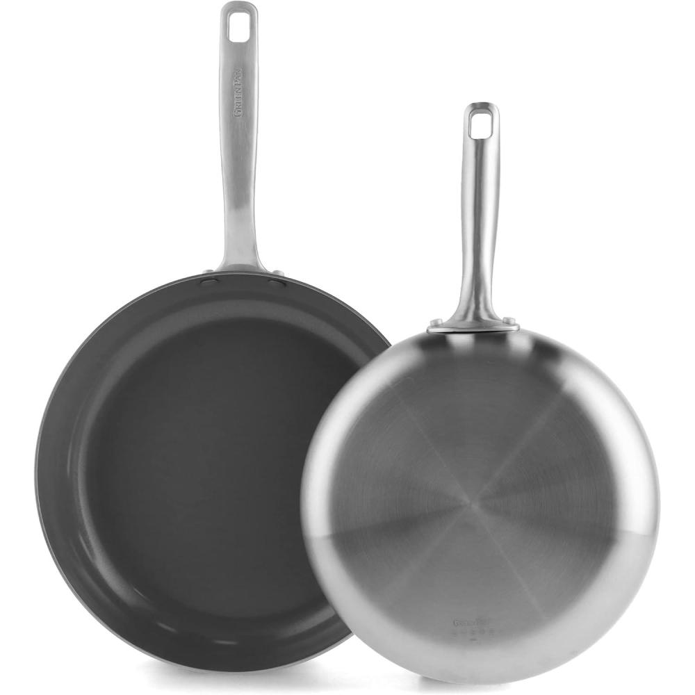 GreenPan Chatham Tri-Ply Stainless Steel Healthy Ceramic Nonstick 8″ and 10″ Frying Pan Skillet 2-Piece Set, PFAS-Free, Multi Clad, Induction, Dishwasher Safe, Oven Safe, Silver(10″ and 12″ Frying Pan Skillet Set)