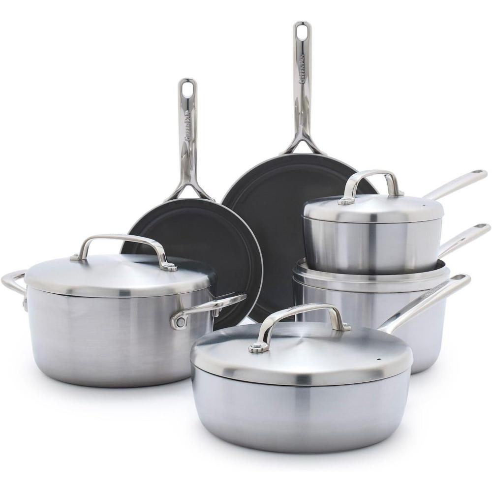 GreenPan GP5 Stainless Steel 5-Ply Healthy Ceramic Nonstick 13 Piece Cookware Pots & Pans Set, Frying Pans, Sauté, Saucepans, Stock Pot, Scratch Resistant, Induction,Dishwasher & Oven Safe, PFAS-Free