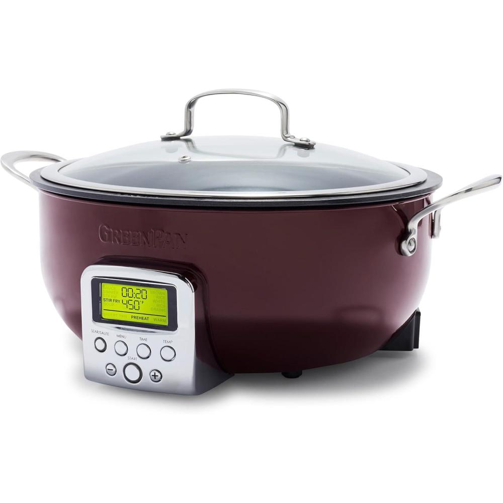GreenPan Elite 6QT Electric Skillet, Sear Saute Stir-Fry Cook Rice, Healthy Ceramic Nonstick, Dishwasher Safe Parts, Easy-to-use LED Display, PFOA and PFA Free, Smart Pot, Stainless Steel(Fig Purple)