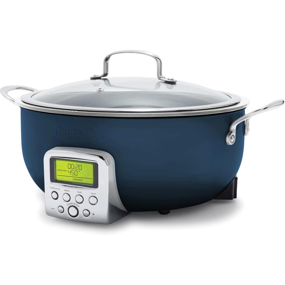 GreenPan Elite 6QT Electric Skillet, Sear Saute Stir-Fry Cook Rice, Healthy Ceramic Nonstick, Dishwasher Safe Parts, Easy-to-use LED Display, PFOA and PFA Free, Smart Pot, Stainless Steel(Oxford Blue)