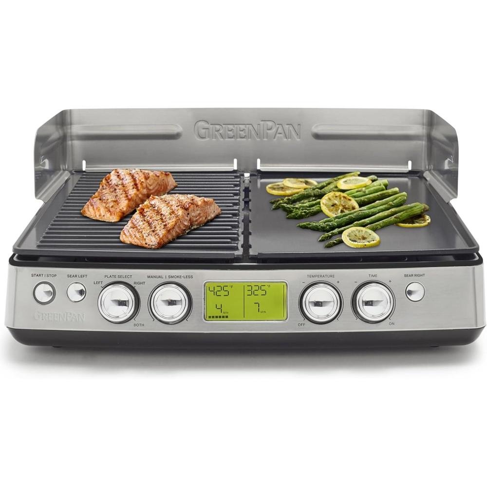 GreenPan Elite XL Smoke-less Grill and Griddle, Healthy Ceramic Nonstick Interchangeable/Removeable Cast Aluminum Plates, Indoor BBQ Sear Sizzle, LCD Display, Splash Guard, Drip Tray, PFAS-Free, Black(Black)