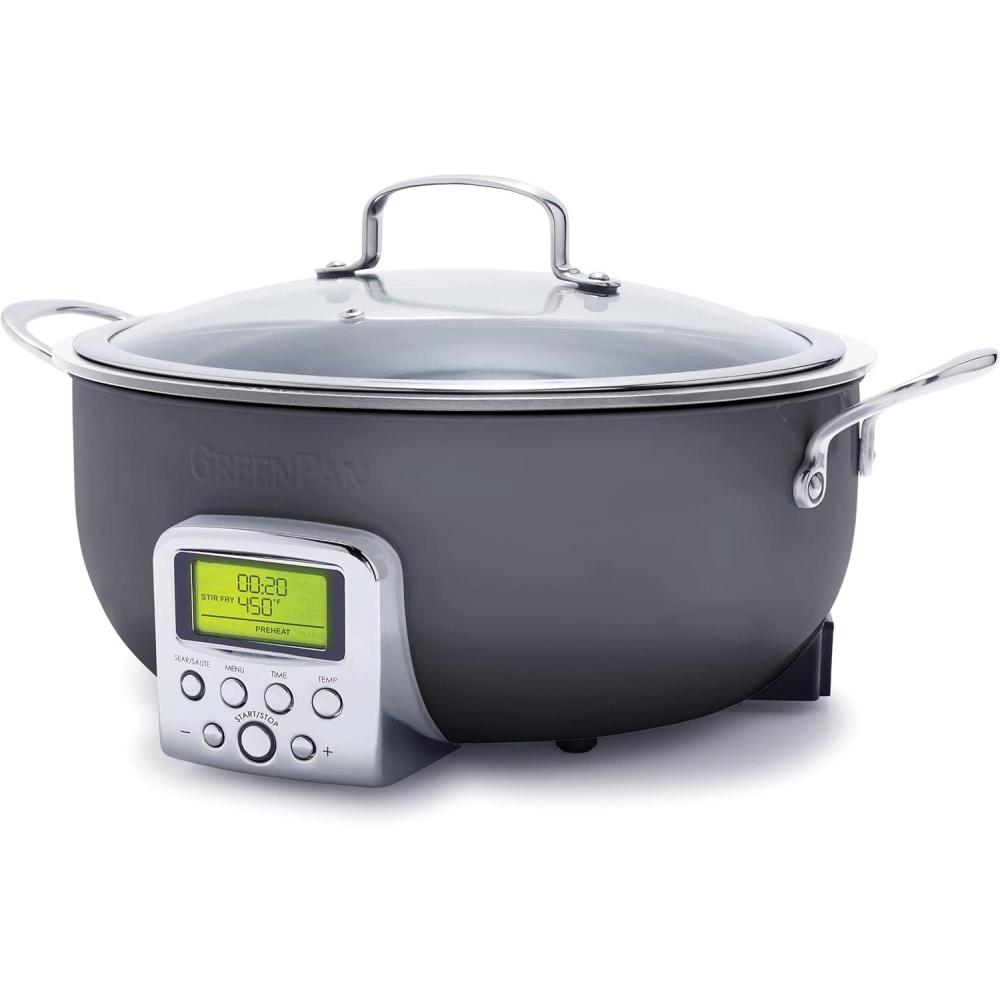 GreenPan Elite 6QT Electric Skillet, Sear Saute Stir-Fry Cook Rice, Healthy Ceramic Nonstick, Dishwasher Safe Parts, Easy-to-use LED Display, PFOA and PFA Free, Smart Pot, Stainless Steel(Graphite)
