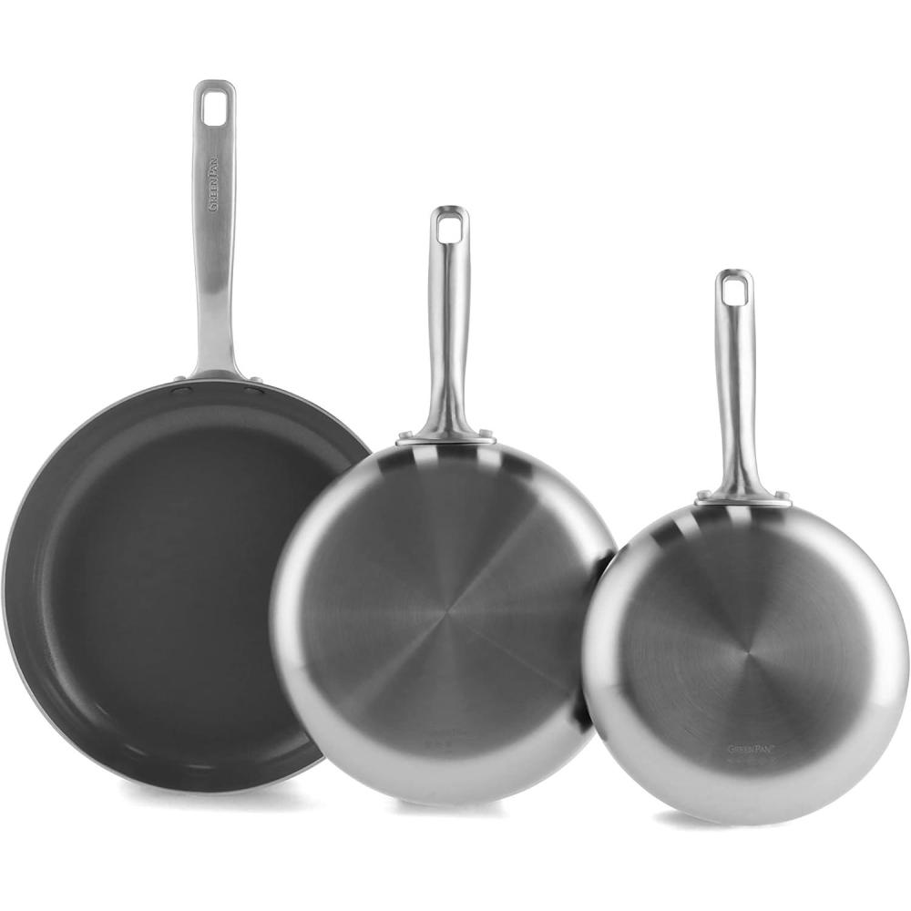 GreenPan Chatham Tri-Ply Stainless Steel Healthy Ceramic Nonstick 8″ and 10″ Frying Pan Skillet 2-Piece Set, PFAS-Free, Multi Clad, Induction, Dishwasher Safe, Oven Safe, Silver(8″ 9.5″ and 11″ Frying Pan Skillet Set)