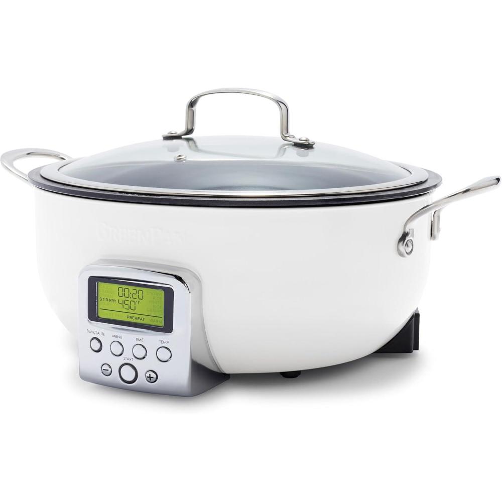 GreenPan Elite 6QT Electric Skillet, Sear Saute Stir-Fry Cook Rice, Healthy Ceramic Nonstick, Dishwasher Safe Parts, Easy-to-use LED Display, PFOA and PFA Free, Smart Pot, Stainless Steel(Cream White)