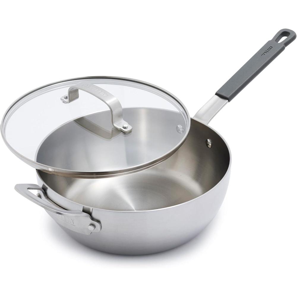 GreenPan x Bobby Flay Stainless Steel 3.75QT Saucepan & Glass Lid, Professional Grade Tri-Ply Chefs Pan, Multiclad, Induction Suitable, Dishwasher & Oven Safe, Stay Cool Silicone Handle,Chip Free Rims(Stainless Steel)