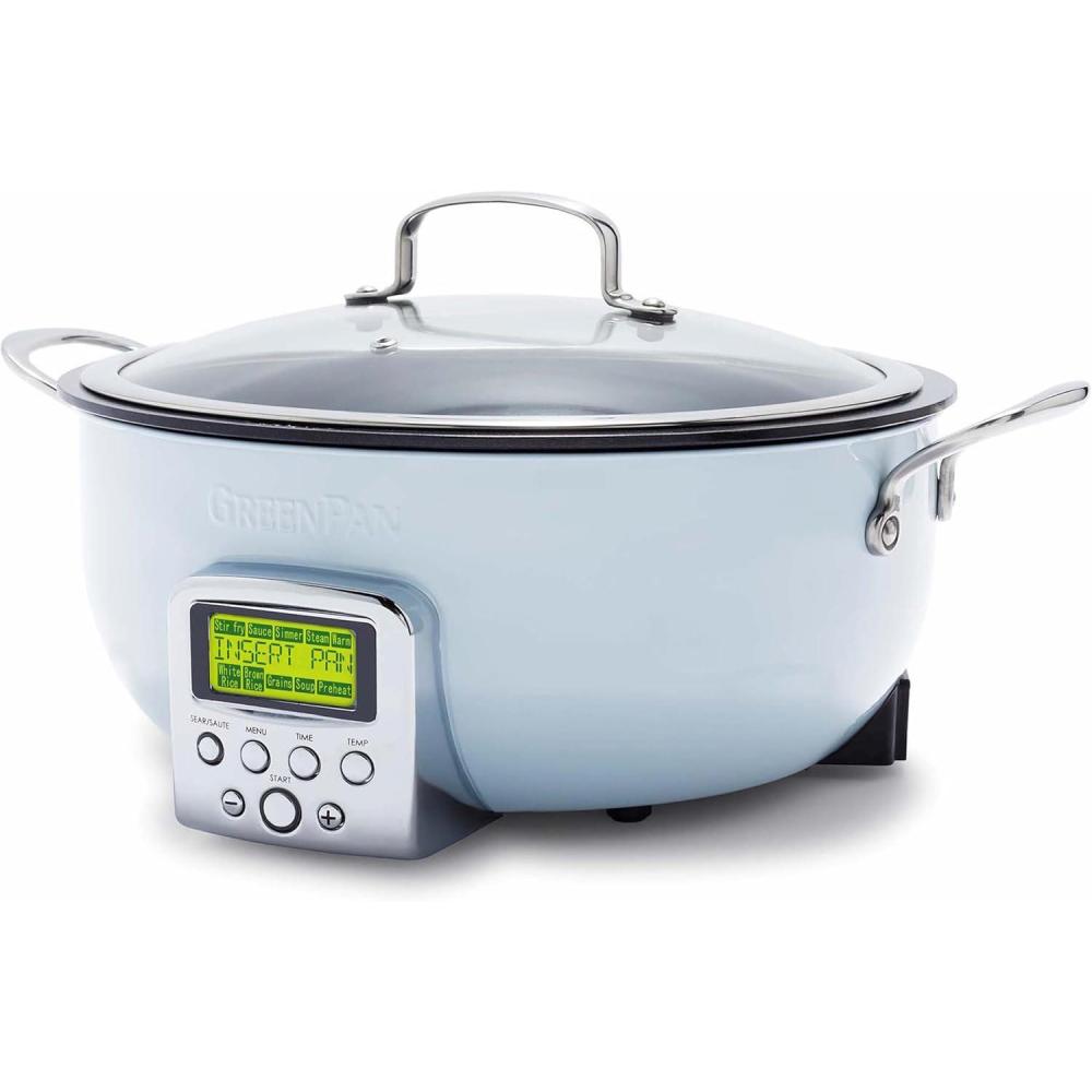 GreenPan Elite 6QT Electric Skillet, Sear Saute Stir-Fry Cook Rice, Healthy Ceramic Nonstick, Dishwasher Safe Parts, Easy-to-use LED Display, PFOA and PFA Free, Smart Pot, Stainless Steel(Blue Haze)