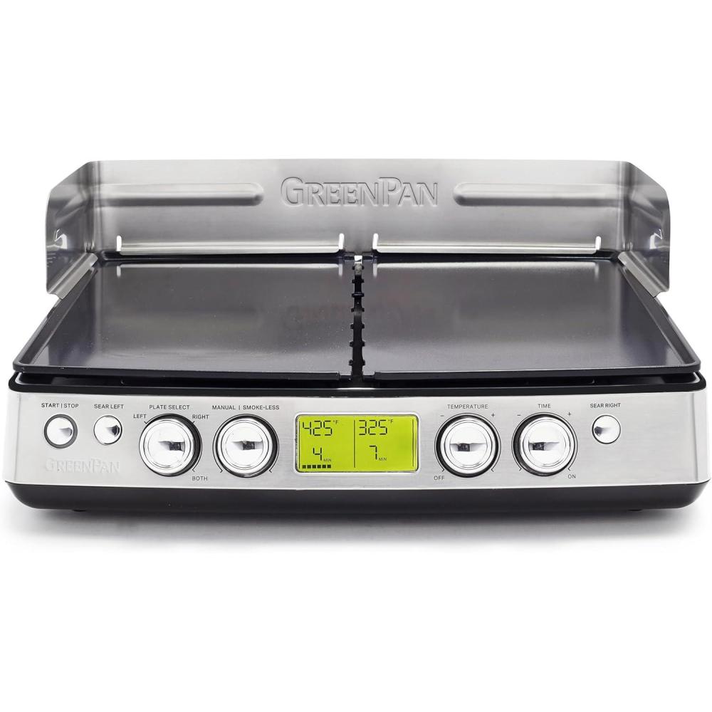 GreenPan Elite XL Smoke-less Grill and Griddle, Healthy Ceramic Nonstick Interchangeable/Removeable Cast Aluminum Plates, Indoor BBQ Sear Sizzle, LCD Display, Splash Guard, Drip Tray, PFAS-Free, Black(Stainless Steel)