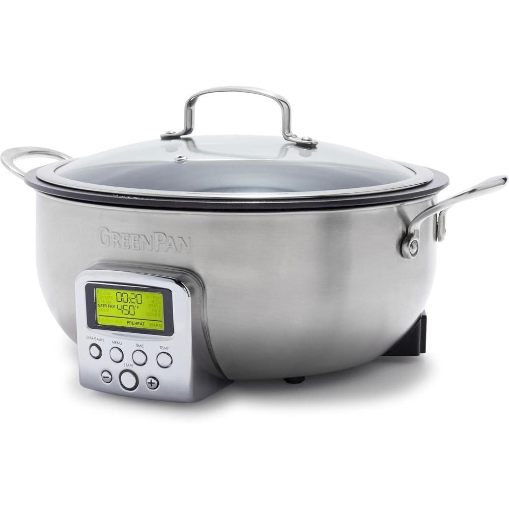 GreenPan Elite 6QT Electric Skillet, Sear Saute Stir-Fry Cook Rice, Healthy Ceramic Nonstick, Dishwasher Safe Parts, Easy-to-use LED Display, PFOA and PFA Free, Smart Pot, Stainless Steel(Stainless Steel)