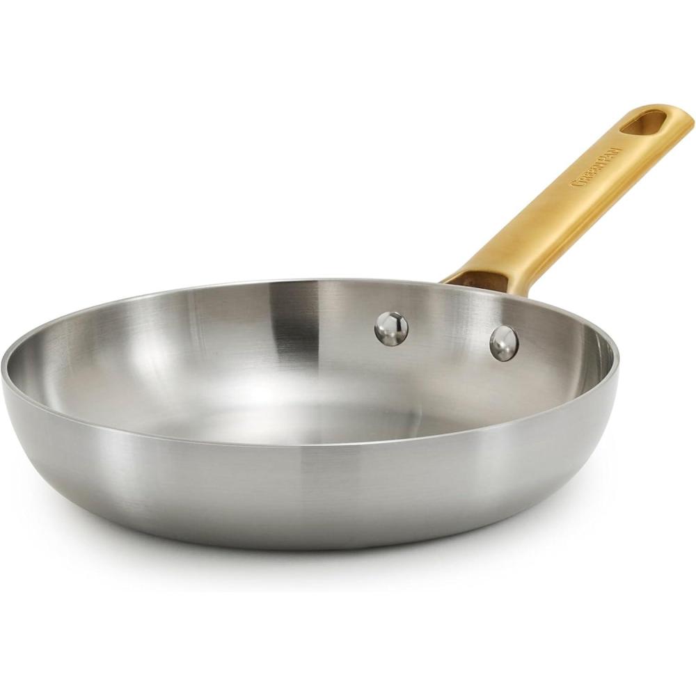 GreenPan Stainless Steel Tri-Ply Reserve 8 Frying Pan Skillet, Multiclad Cookware, Induction, Oven & Broiler Safe to 600°F, Heat Responsive Core, Dishwasher Safe, Gold Handle(Stainless Steel)