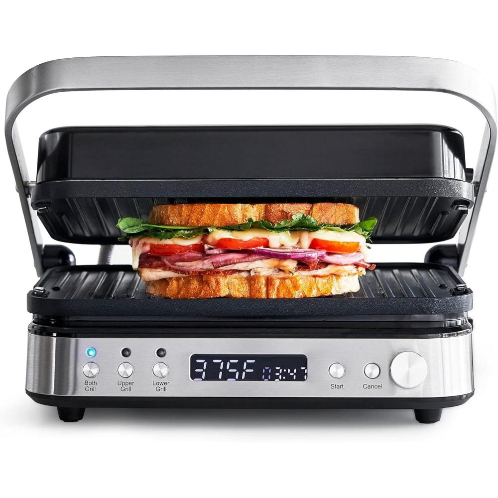 GreenPan Electric Indoor Stainless Steel 6-in-1 Contact Grill and Griddle, Healthy Ceramic Nonstick, Dishwasher Safe Reversible Plates, PFAS-Free(Silver)