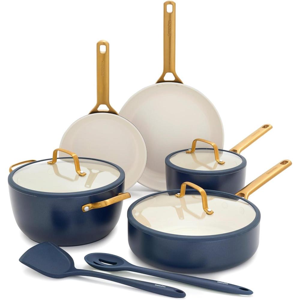 GreenPan Nonstick Reserve Pro 10 Piece Cookware Set, NSF Certified Ceramic, Hard Anodized PFAS-Free Pots & Pans Set with Lids, Stainless Steel Handles, Oven & Dishwasher Safe, Moss Green(Twilight Blue)