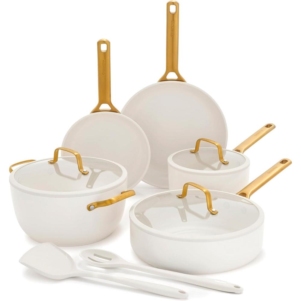 GreenPan Nonstick Reserve Pro 10 Piece Cookware Set, NSF Certified Ceramic, Hard Anodized PFAS-Free Pots & Pans Set with Lids, Stainless Steel Handles, Oven & Dishwasher Safe, Moss Green(Cream White)