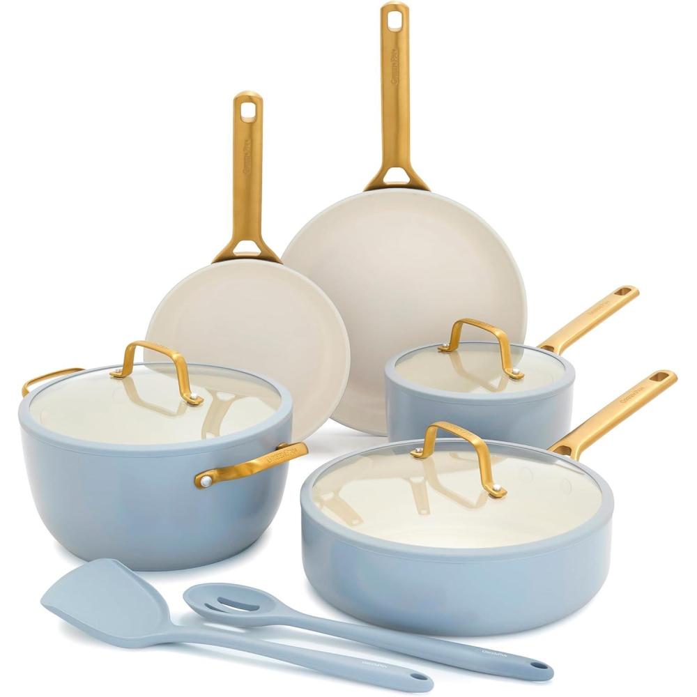 GreenPan Nonstick Reserve Pro 10 Piece Cookware Set, NSF Certified Ceramic, Hard Anodized PFAS-Free Pots & Pans Set with Lids, Stainless Steel Handles, Oven & Dishwasher Safe, Moss Green(Glacier Blue)