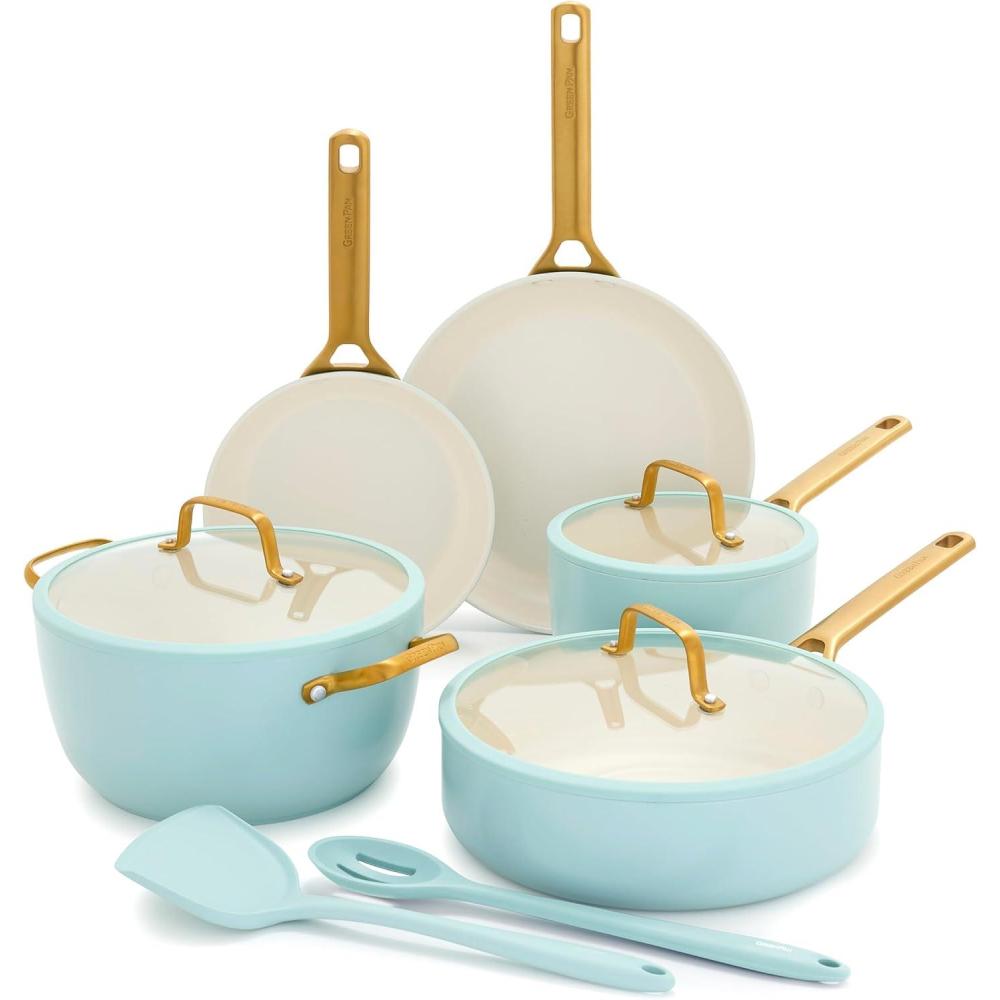 GreenPan Nonstick Reserve Pro 10 Piece Cookware Set, NSF Certified Ceramic, Hard Anodized PFAS-Free Pots & Pans Set with Lids, Stainless Steel Handles, Oven & Dishwasher Safe, Moss Green(Seaside Blue)