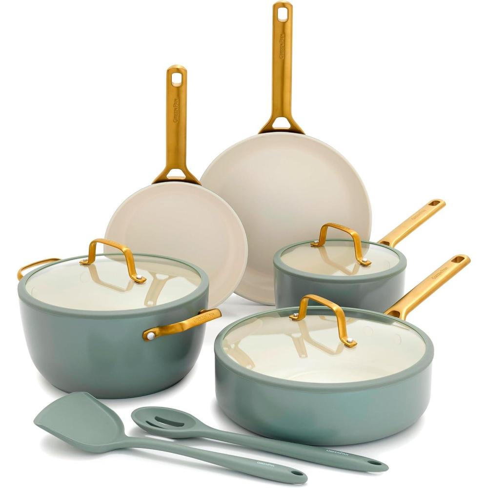GreenPan Nonstick Reserve Pro 10 Piece Cookware Set, NSF Certified Ceramic, Hard Anodized PFAS-Free Pots & Pans Set with Lids, Stainless Steel Handles, Oven & Dishwasher Safe, Moss Green(Moss Green)