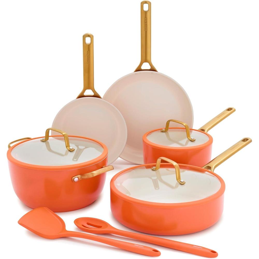 GreenPan Nonstick Reserve Pro 10 Piece Cookware Set, NSF Certified Ceramic, Hard Anodized PFAS-Free Pots & Pans Set with Lids, Stainless Steel Handles, Oven & Dishwasher Safe, Moss Green(Harvest Orange)