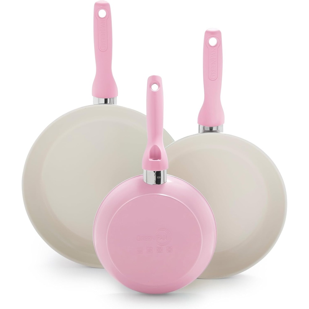 GreenPan Rio Advanced 10″ and 12″ Frying Pan Skillet Set, Ceramic Nonstick PFAS-Free Pans, Induction Ready, Dishwasher and Oven Safe, Cream White(Pink)