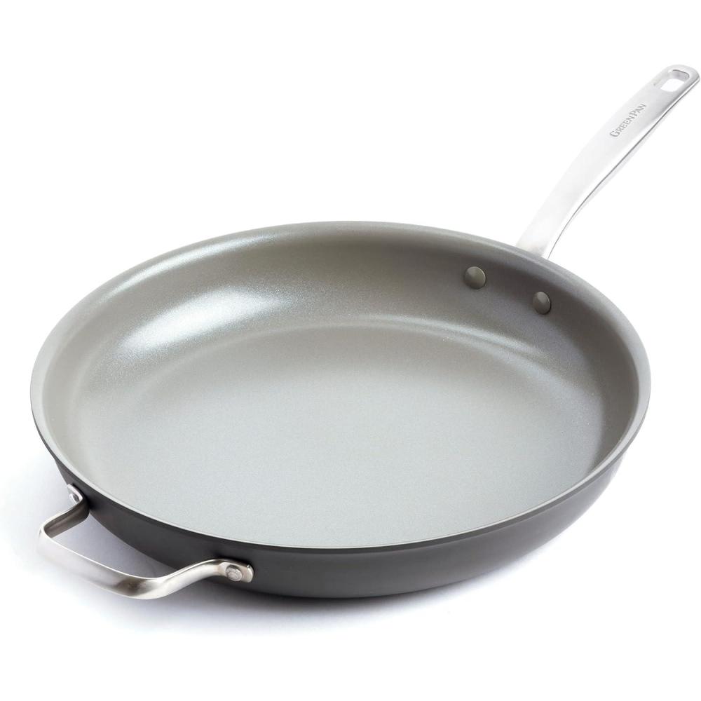 GreenPan Chatham Hard Anodized Healthy Ceramic Nonstick, 10″ Frying Pan Skillet, PFAS-Free, Dishwasher Safe, Oven Safe, Gray(13″ Frying Pan Skillet with Helper Handle)