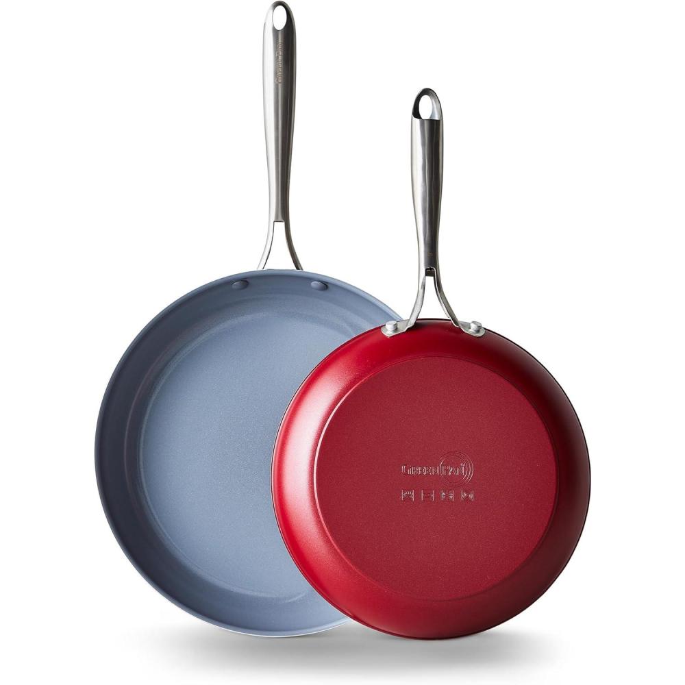 GreenPan Swift Healthy Ceramic Nonstick, 8″ and 10″ Frying Pan Skillet Set, Stainless Steel Handles, PFAS-Free, Dishwasher Safe, Oven Safe, Black(Red)