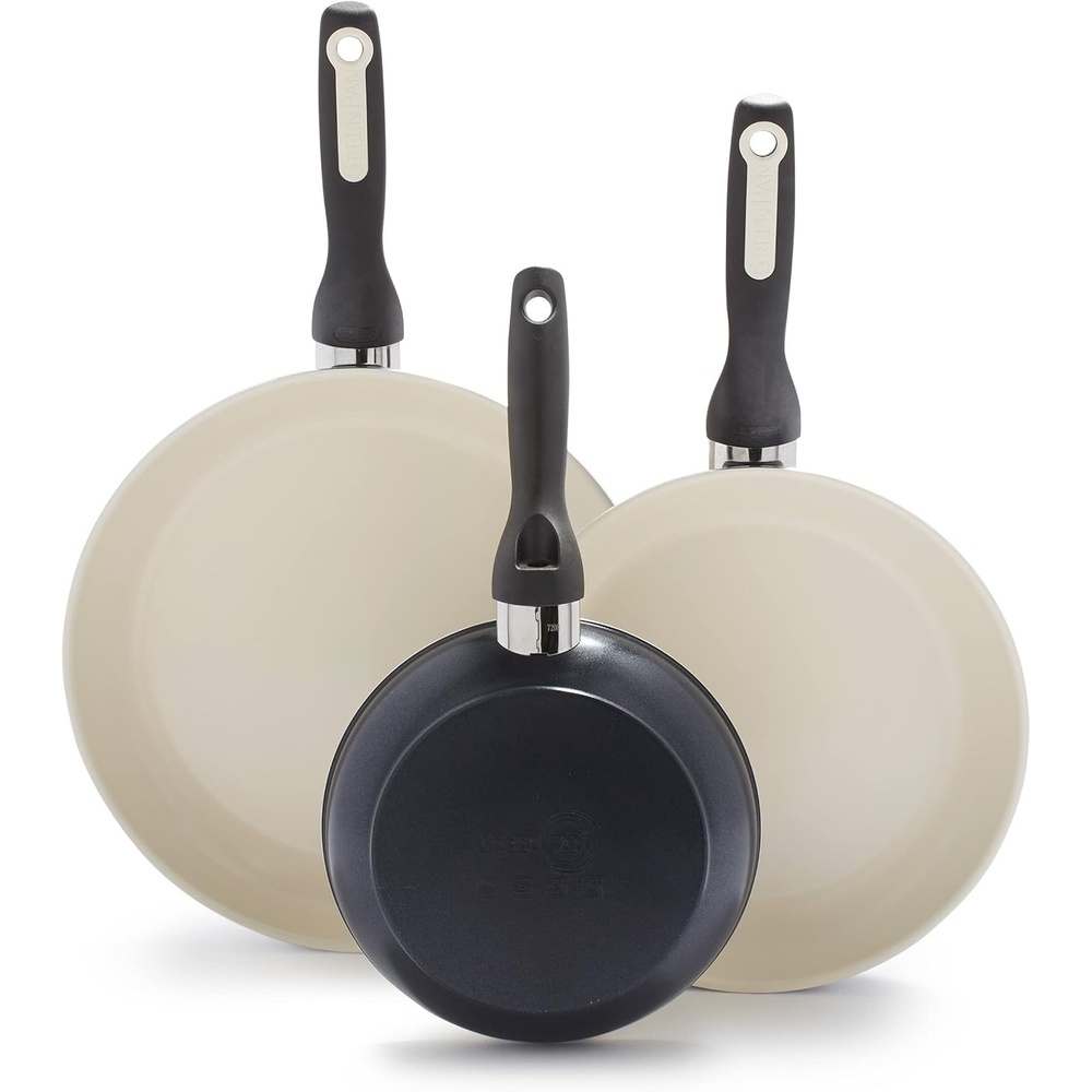 GreenPan Rio Advanced 10″ and 12″ Frying Pan Skillet Set, Ceramic Nonstick PFAS-Free Pans, Induction Ready, Dishwasher and Oven Safe, Cream White(Black)