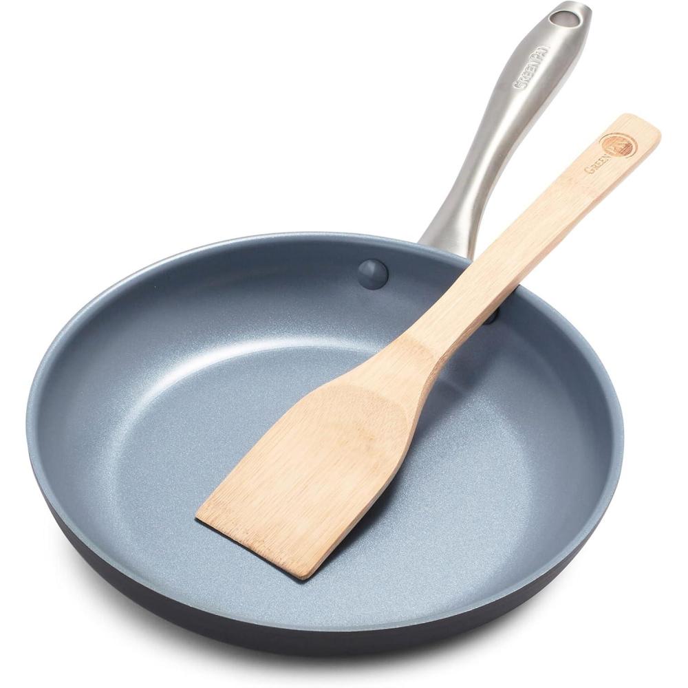 GreenPan Lima Hard Anodized 10″ Frying Pan Skillet, Wood Spatula, Ceramic Nonstick, PFAS-Free Nontoxic Pots and Pans, Oven & Broiler Safe, Stainless Steel Handle, Cookware for Eggs & Omelet, Gray(10″ Frying Pan Skillet)