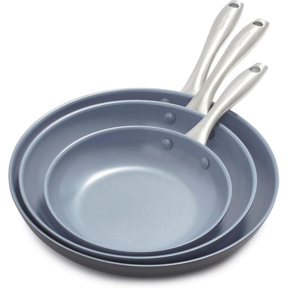 GreenPan Lima Hard Anodized 10″ Frying Pan Skillet, Wood Spatula, Ceramic Nonstick, PFAS-Free Nontoxic Pots and Pans, Oven & Broiler Safe, Stainless Steel Handle, Cookware for Eggs & Omelet, Gray(8″ 10″ and 12″ Frying Pan Skillet Set)